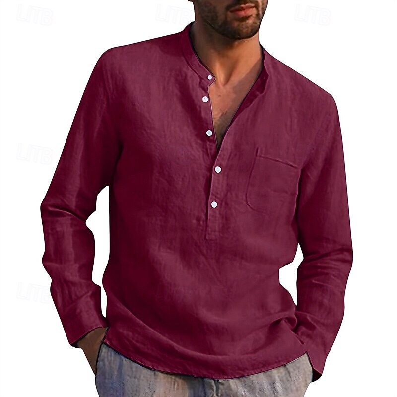Men's Shirt Linen Shirt Band Collar Shirt Summer Shirt Beach Wear Solid Color Street Hawaiian Light Blue Wine Red Black White Long Sleeve Collar Summer Spring Clothing Apparel
