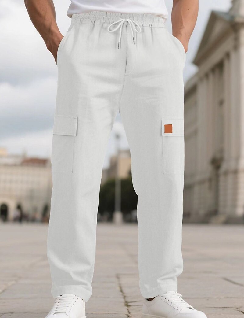 Men's Linen Pants Trousers Summer Pants Beach Pants Drawstring Elastic Waist Solid Color Comfort Breathable Full Length Daily Outdoor Beach Vacation Fashion Black White Inelastic