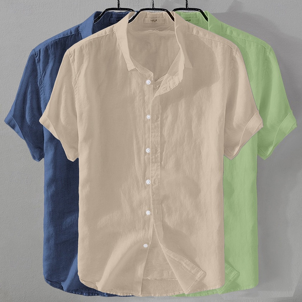 3-Piece Men's Shirt Linen Shirt Summer Shirt Beach Wear Button Up Shirt Plain Casual Beach Black+White+Gray Navy Blue+Blue+White Khaki+Green+Navy Blue Navy Blue+Blue+Black Short Sleeve Turndown Summer