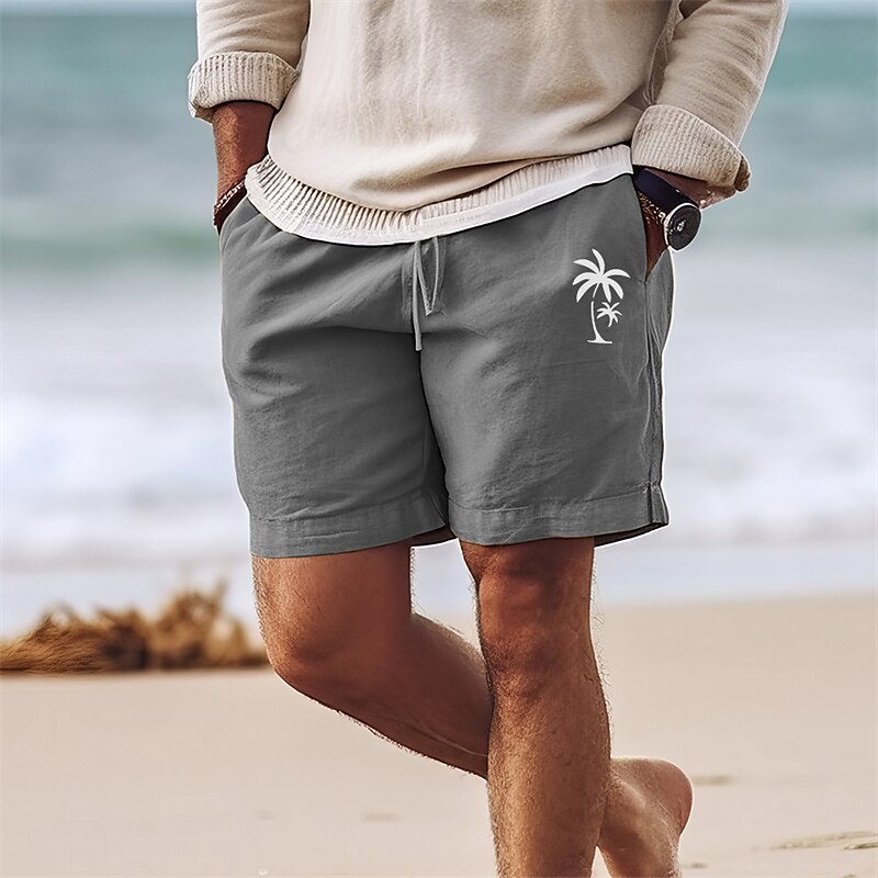 Men's Cotton Shorts Summer Shorts Beach Shorts Print Drawstring Elastic Waist Coconut Tree Comfort Breathable Short Outdoor Holiday Going out Cotton Blend Hawaiian Casual ArmyGreen Black