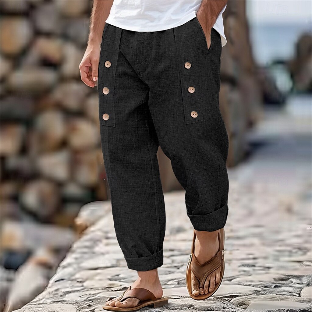 Men's Linen Pants Trousers Summer Pants Button Front Pocket Pleats Plain Comfort Breathable Full Length Casual Daily Holiday Fashion Basic Black White