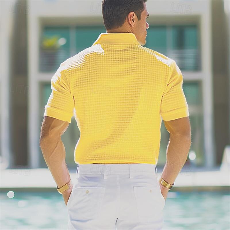 Men's Polo Shirt Waffle Polo Shirt Casual Holiday Lapel Ribbed Polo Collar Short Sleeve Fashion Basic Plain Button Soft Summer Spring Regular Fit White Yellow Burgundy Green Khaki Gray Polo Shirt