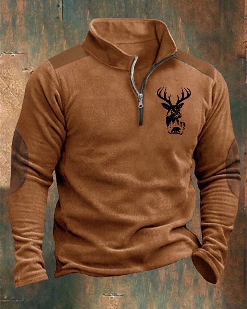 Men's Sweatshirt Quarter Zip Sweatshirt Blue Brown Khaki Light Grey Dark Gray Half Zip Reindeer Print Christmas Daily Holiday Streetwear Casual Fall & Winter Clothing Apparel Hoodies Sweatshirts