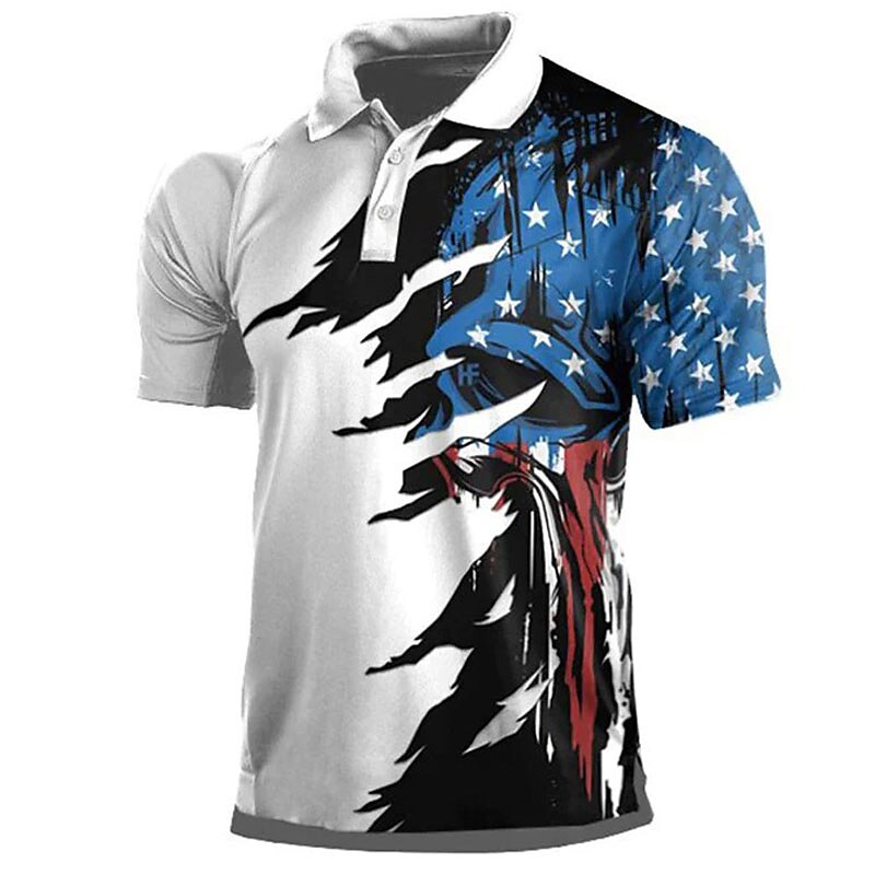 Men's Polo Shirt Golf Shirt American Flag Turndown White & Blue Custom Print White Navy Blue Blue 3D Print Street Daily Short Sleeve 3D Button-Down Clothing Apparel Fashion Casual Comfortable