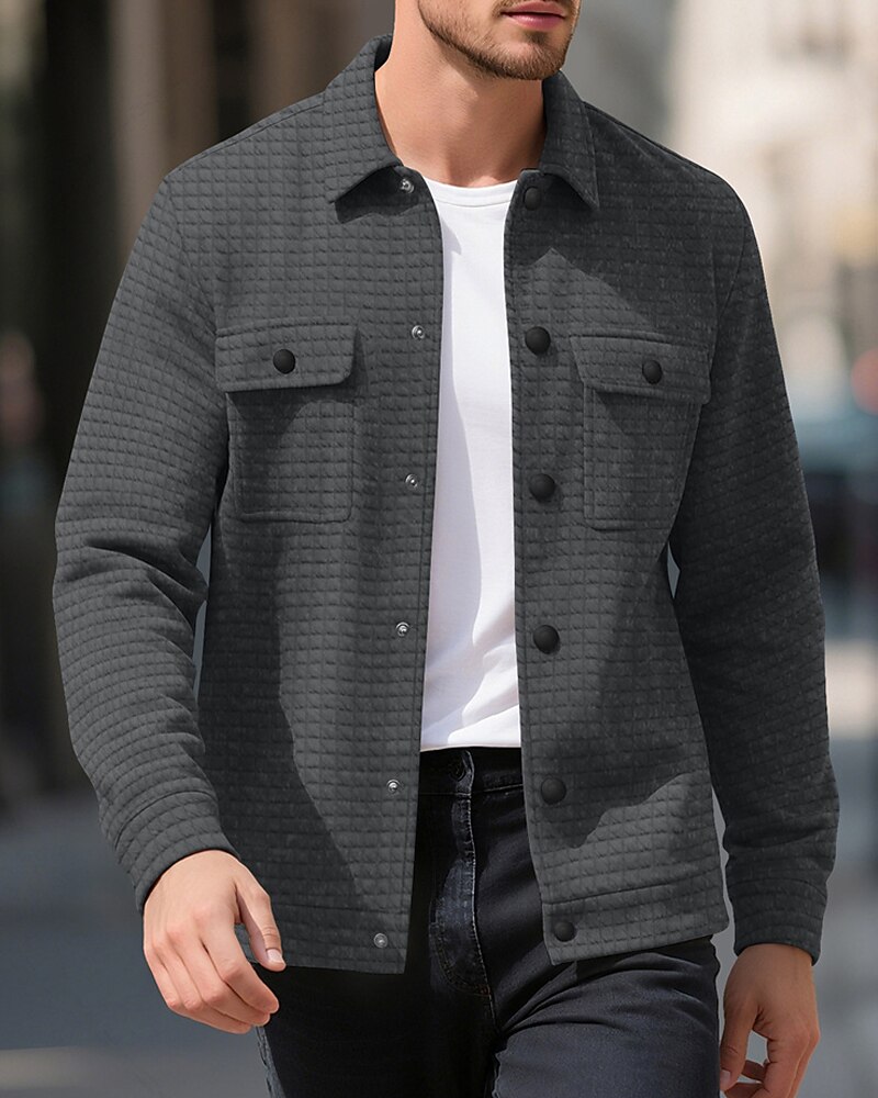 Men's Waffle Jacket Shirt Jacket Casual Jacket Vacation Daily Breathable Jacquard Pocket Spring Fall Plain Fashion Classic Lapel Regular Black White Khaki Army Green Dark Gray Jacket