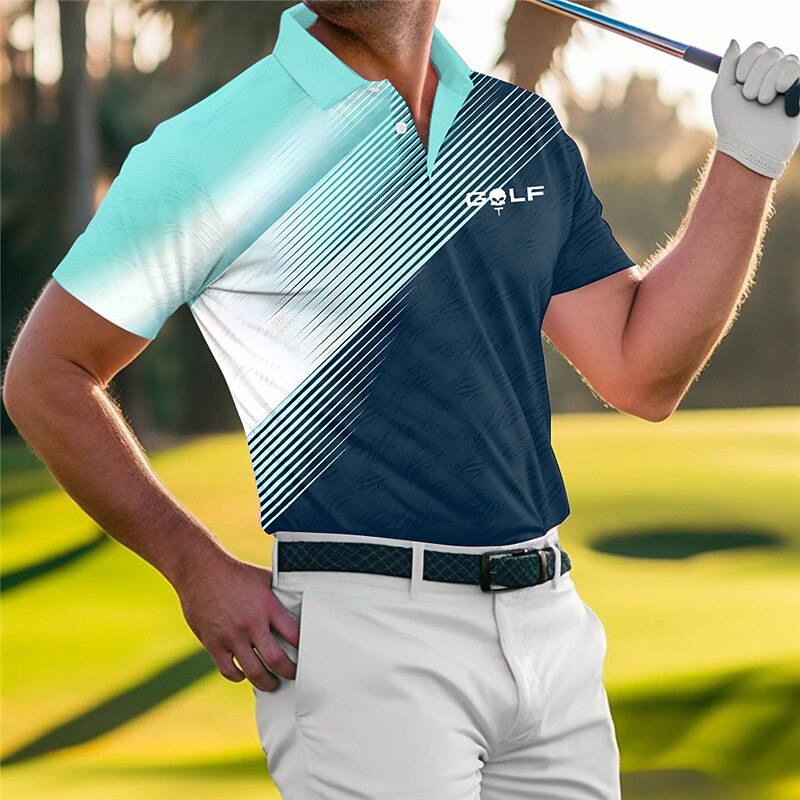 Men's Polo Shirt Lapel Polo Button Up Polos Golf Shirt Striped Letter Graphic Prints Geometry Turndown Blue-Green Red Blue Orange Green Outdoor Street Short Sleeves Print Clothing Apparel Sports