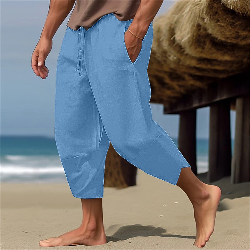 Men's Linen Pants Capri Pants Pocket Drawstring Elastic Waist Plain Comfort Breathable Calf-Length Vacation Daily Holiday Hawaiian Boho ArmyGreen Black