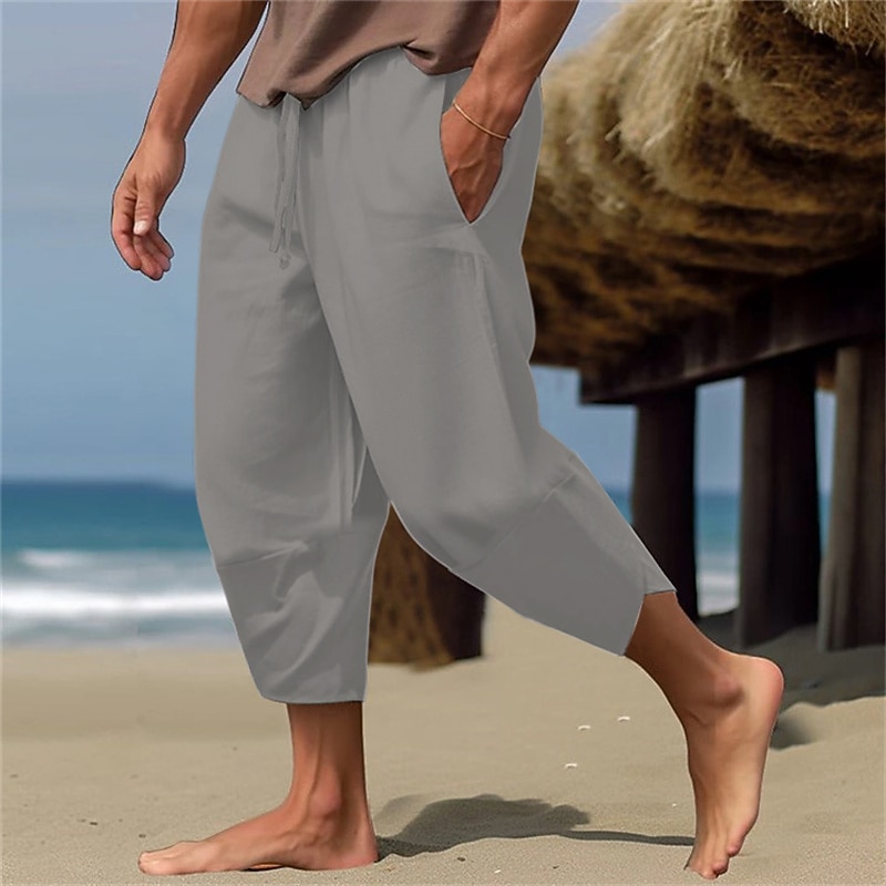 Men's Linen Pants Capri Pants Pocket Drawstring Elastic Waist Plain Comfort Breathable Calf-Length Vacation Daily Holiday Hawaiian Boho ArmyGreen Black