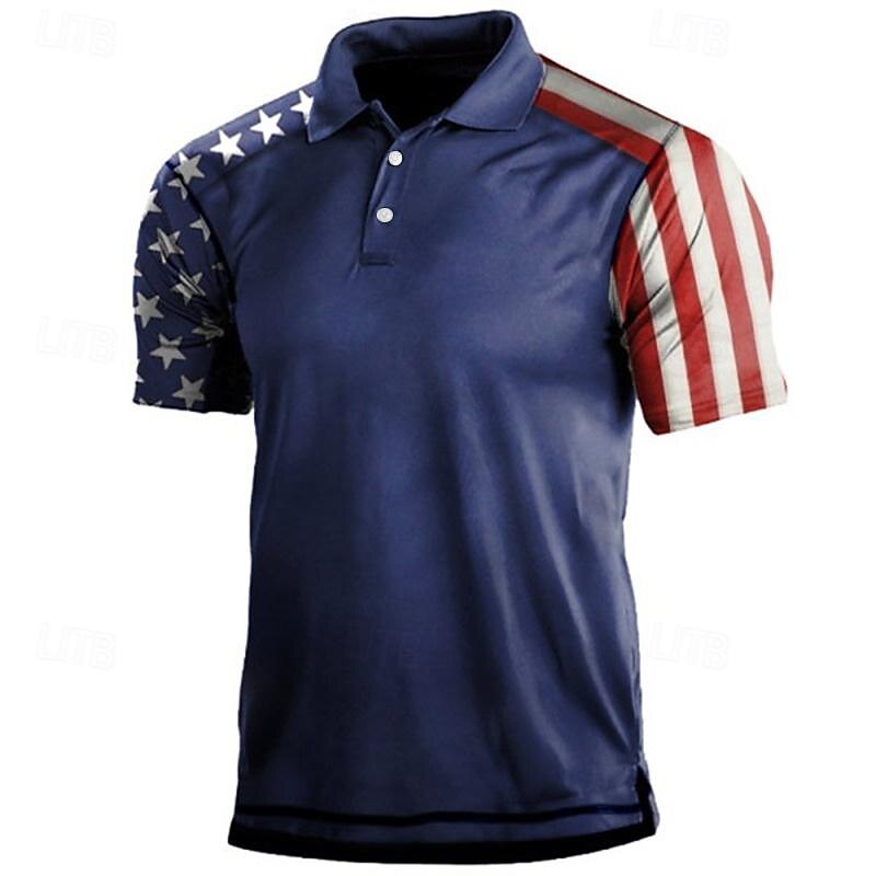 Men's Polo Shirt Golf Shirt American Flag Turndown White & Blue Custom Print White Navy Blue Blue 3D Print Street Daily Short Sleeve 3D Button-Down Clothing Apparel Fashion Casual Comfortable