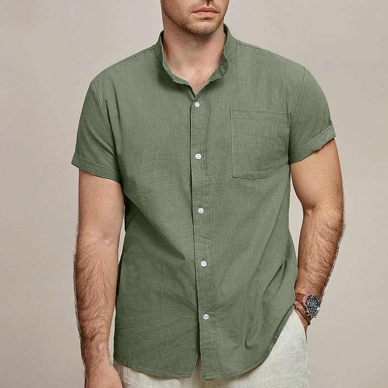 Men's Linen Shirt Summer Shirt Beach Wear Casual Shirt Band Collar Shirt Plain Vacation Casual White+Yellow Pink+Yellow White+Green Gray+Pink Short Sleeve Mandarin Collar Summer Spring & Summer