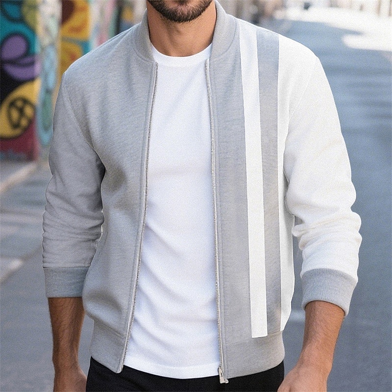 Men's Lightweight Jacket Casual Jacket Varsity Jacket Vacation Daily Patchwork Spring Fall Color Block Classic Casual Stand Collar Regular Black White Wine Navy Blue Khaki Jacket