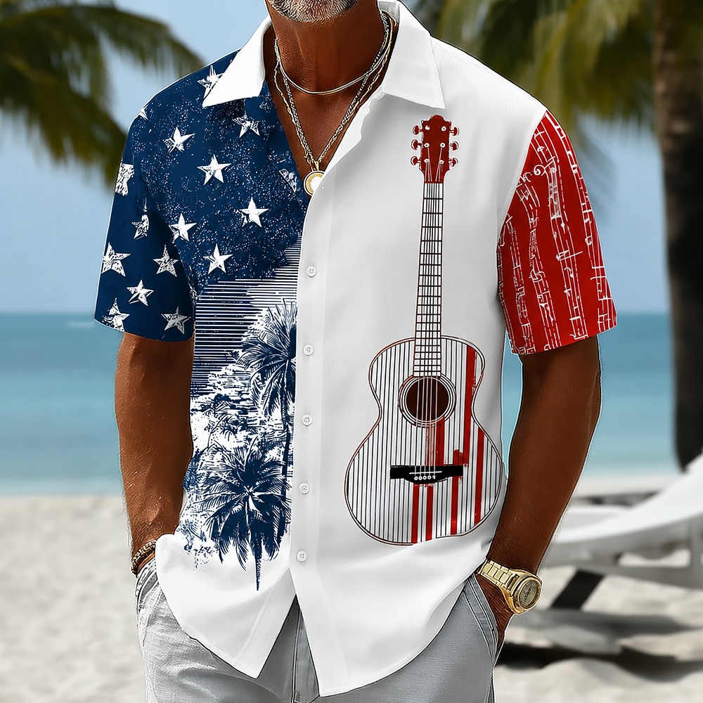 Men's 4th of July U.S. 250th Anniversary Guitar American Flag Shirt Summer Shirt Tropical Shirts Short Sleeve Patriotic Vacation Holiday Summer Spring Turndown 3D Print Button Up Shirts Blue Dark