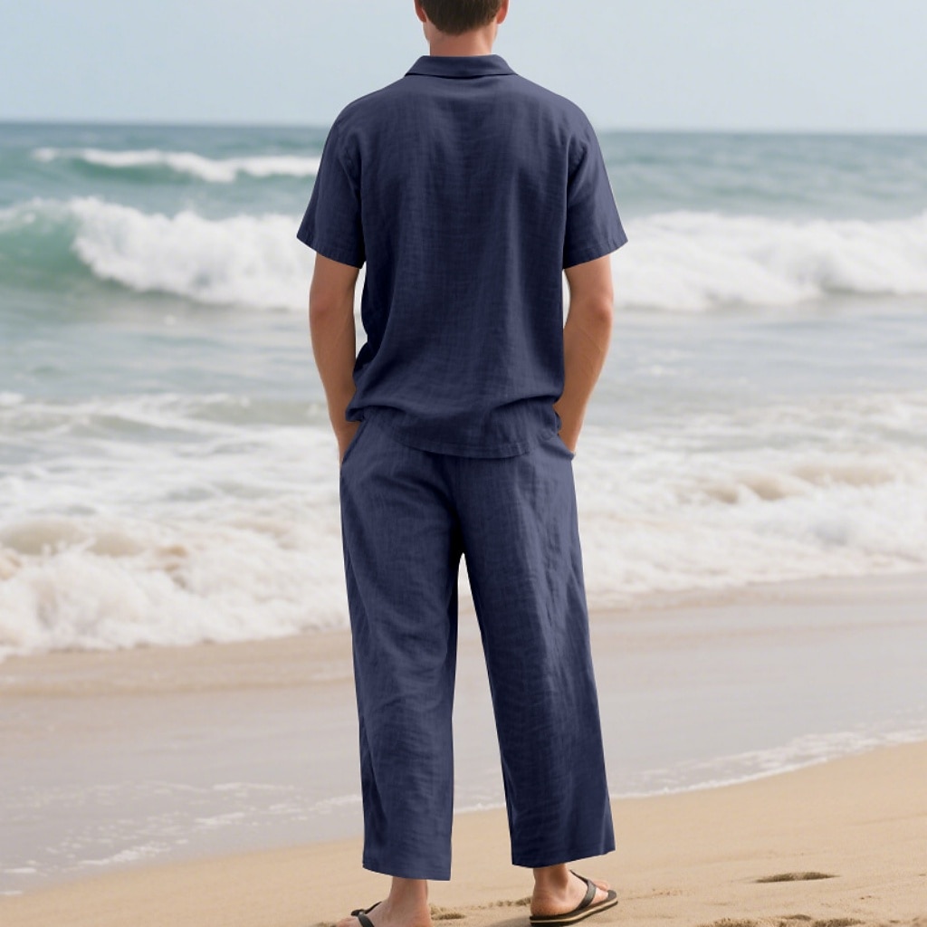 2-Piece Men's Linen Shirt Popover Shirt And Linen Pants Trousers Casual Pants Set Plain Daily Outdoor Beach Turndown Short Sleeve Summer Spring Fashion Casual Comfortable Clothing Apparel