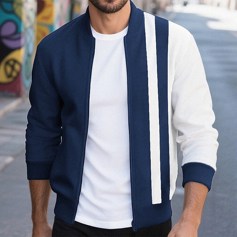 Men's Lightweight Jacket Casual Jacket Varsity Jacket Vacation Daily Patchwork Spring Fall Color Block Classic Casual Stand Collar Regular Black White Wine Navy Blue Khaki Jacket