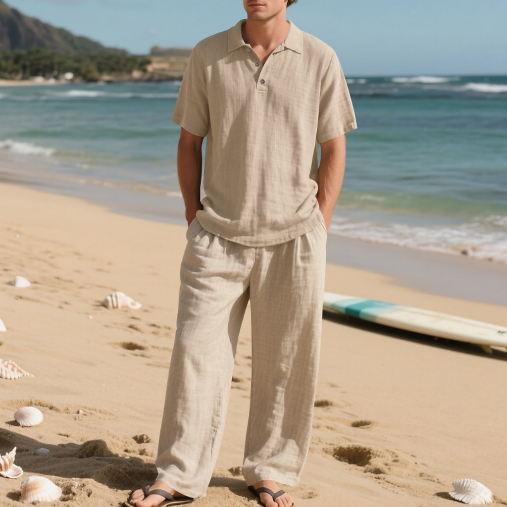 2-Piece Men's Linen Shirt Popover Shirt And Linen Pants Trousers Casual Pants Set Plain Daily Outdoor Beach Turndown Short Sleeve Summer Spring Fashion Casual Comfortable Clothing Apparel