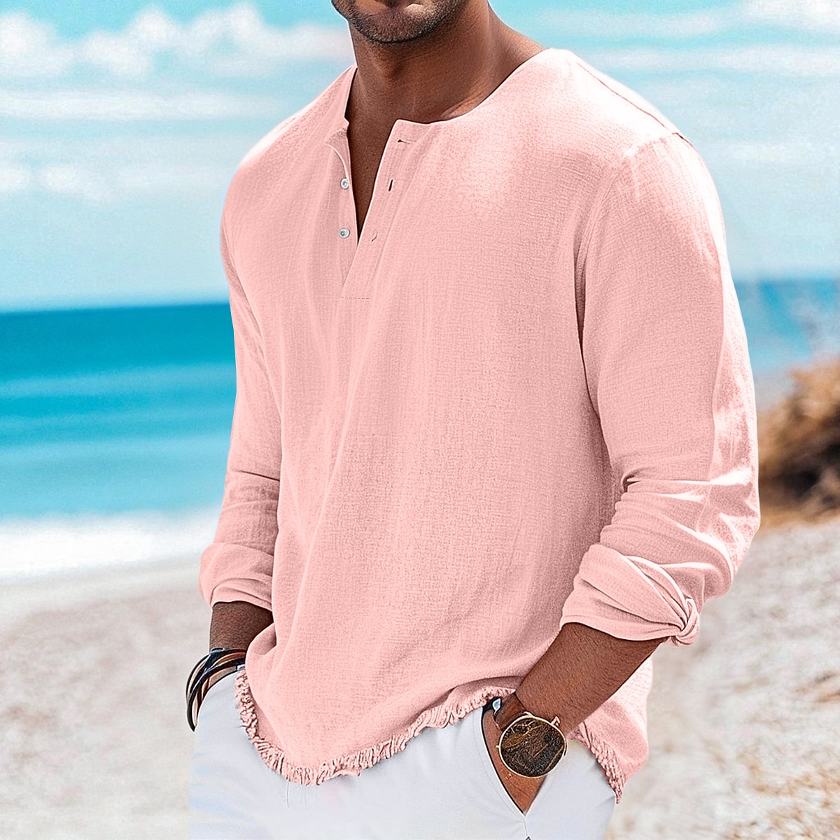 Men's Henley Shirt Tee Henley Top Linen T-Shirt Long Sleeve Solid Color Plain Solid Fashion Designer Casual Color Block Buttons Henley Outdoor Casual Daily Summer Spring All Seasons White Pink Light
