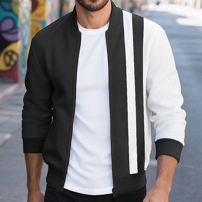 Men's Lightweight Jacket Casual Jacket Varsity Jacket Vacation Daily Patchwork Spring Fall Color Block Classic Casual Stand Collar Regular Black White Wine Navy Blue Khaki Jacket