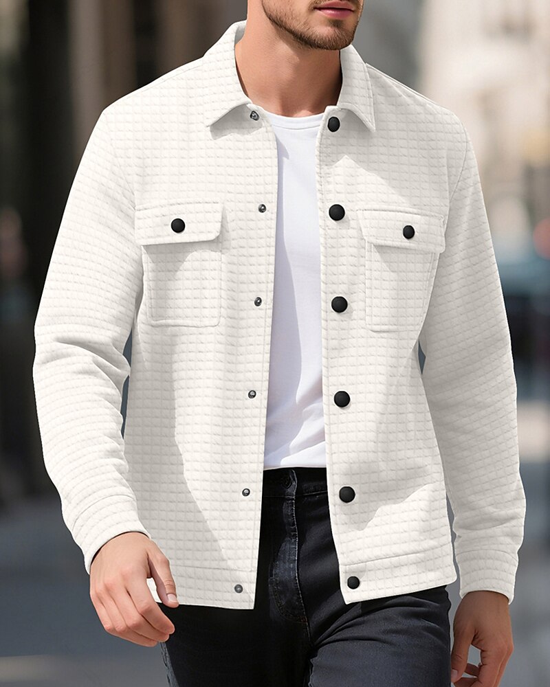 Men's Waffle Jacket Shirt Jacket Casual Jacket Vacation Daily Breathable Jacquard Pocket Spring Fall Plain Fashion Classic Lapel Regular Black White Khaki Army Green Dark Gray Jacket