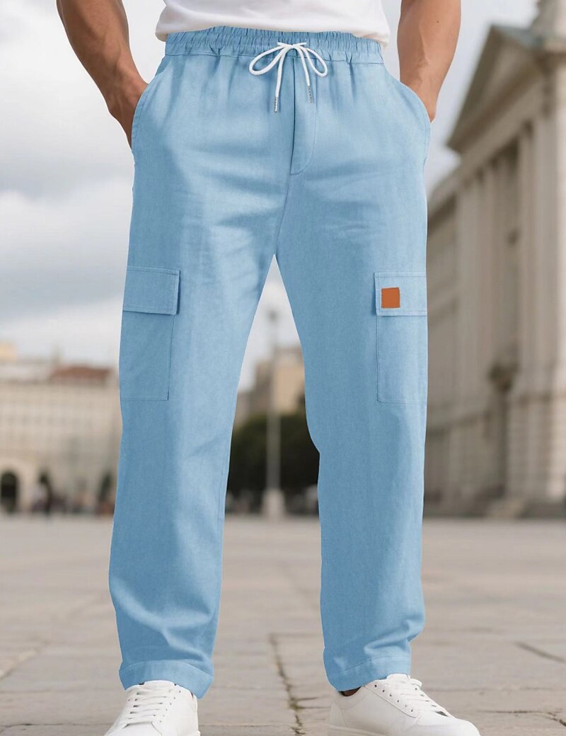 Men's Linen Pants Trousers Summer Pants Beach Pants Drawstring Elastic Waist Solid Color Comfort Breathable Full Length Daily Outdoor Beach Vacation Fashion Black White Inelastic