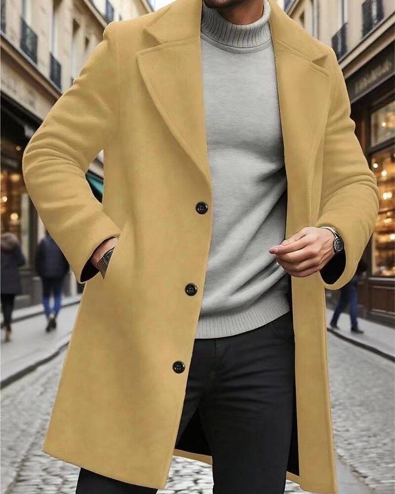 Men's Overcoat Trench Coat Long Trench Coat Vacation Daily Fall Winter Windproof Warm Outerwear Clothing Apparel Fashion Classic Plain Pocket Lapel Single Breasted One-button
