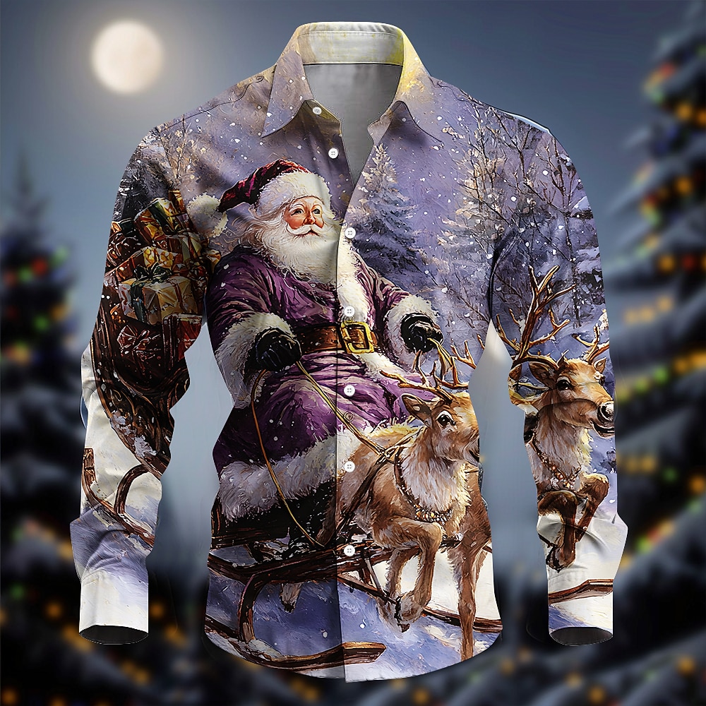 Men's Santa Claus Shirt Button Up Shirt Long Sleeve Casual Party Evening Wear Daily Fall Winter Spring & Summer Shirt Collar Button Up 3D Print White Red Blue Purple