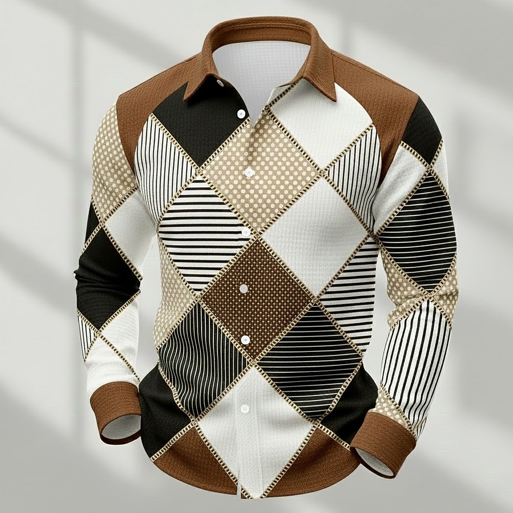 Men's Geometric Color Block Patchwork Shirt Waffle Shirt Casual Shirt Long Sleeve Fashion Casual Dailywear Holiday Summer Spring Turndown 3D Print Textured Button Up Shirts Brown Khaki Gray