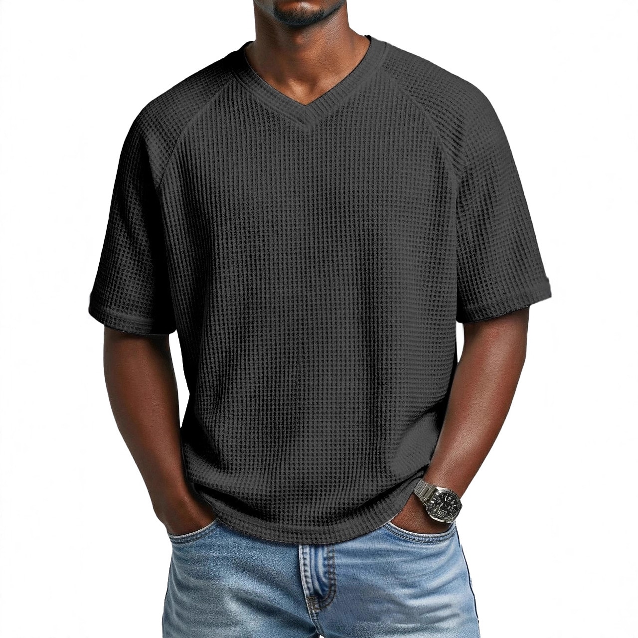 Men Waffle T-shirt Tee Top Short Sleeve V Neck Summer Solid Color Fashion Designer Casual Raglan Sleeves Casual Daily Outdoor Light Blue Black White Top Tee for Men