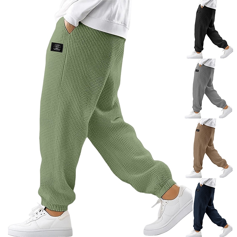 Men's Waffle Sweatpants Joggers Trousers Casual Pants Drawstring Elastic Cuff Solid Color Comfort Full Length Outdoor Daily Streetwear Fashion Chic & Modern Black White Stretchy