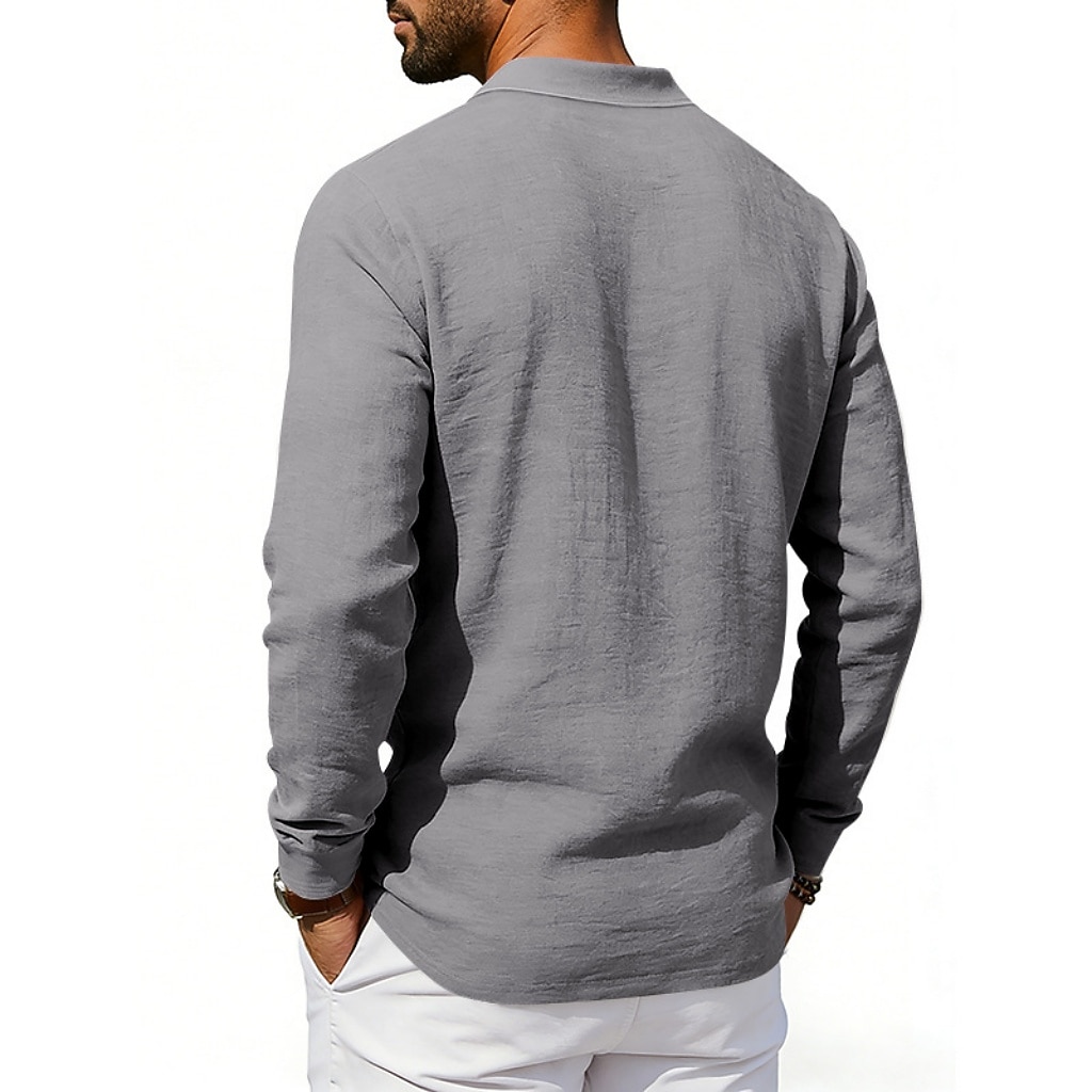 Men's Linen Shirt Polo Shirts Casual Street Lapel Long Sleeve Basic Modern Plain Buttons Spring Fall Regular Fit Black White Navy Blue Khaki Dark Grey Army Green Linen Shirt