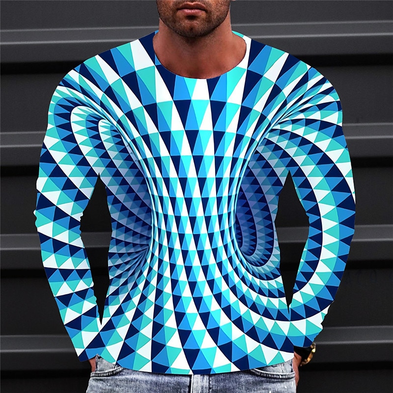 Men's Optical Illusion Graphic Prints T Shirt Long Sleeve T shirt 3D Print Crew Neck Shirt Sports Designer Basic Daily Outdoor Street Blue A B Spring &  Fall Clothing Apparel S M L XL XXL 3XL 4XL
