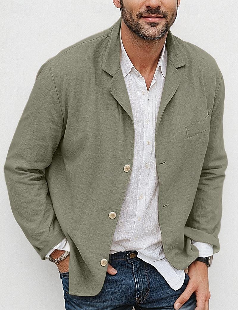 Men's Lightweight Jacket Blazer Jacket Linen Blazer Formal Office Autumn / Fall Cotton And Linen Solid Color Comfy Single Breasted Blazer Light Green Navy Blue Brown khaki