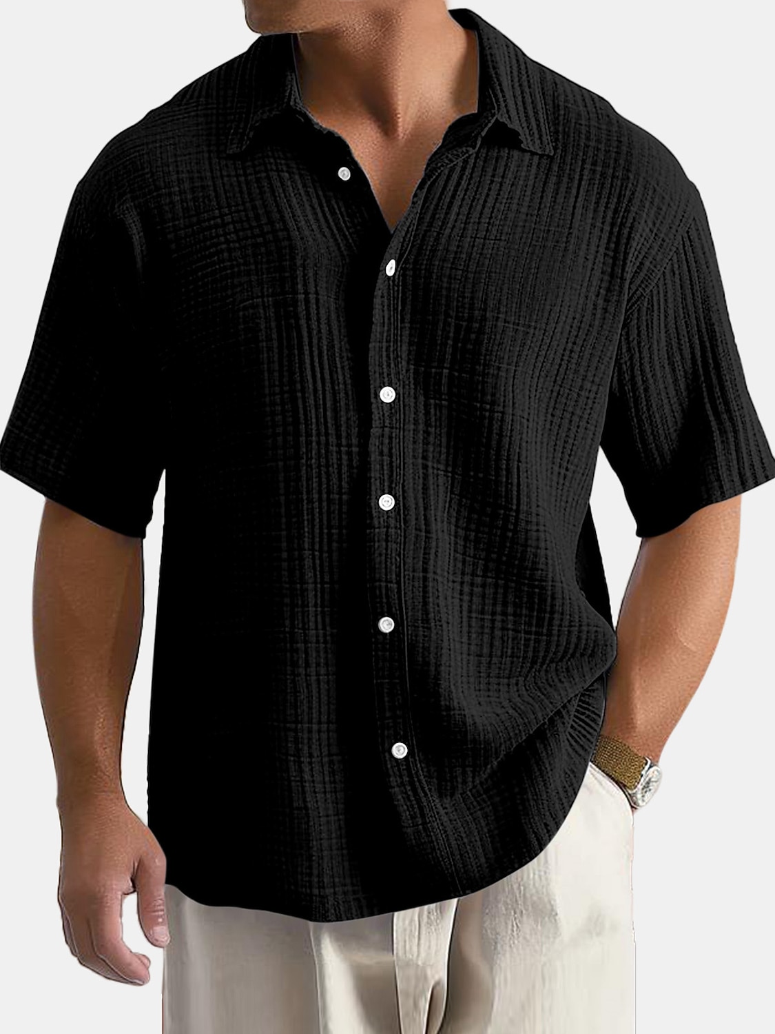 Men's Cotton Shirt Summer Shirt Beach Wear Button Up Shirt Solid Color Casual Vacation Blue Black White Wine Short Sleeve Shirt Collar Summer Spring Clothing Apparel