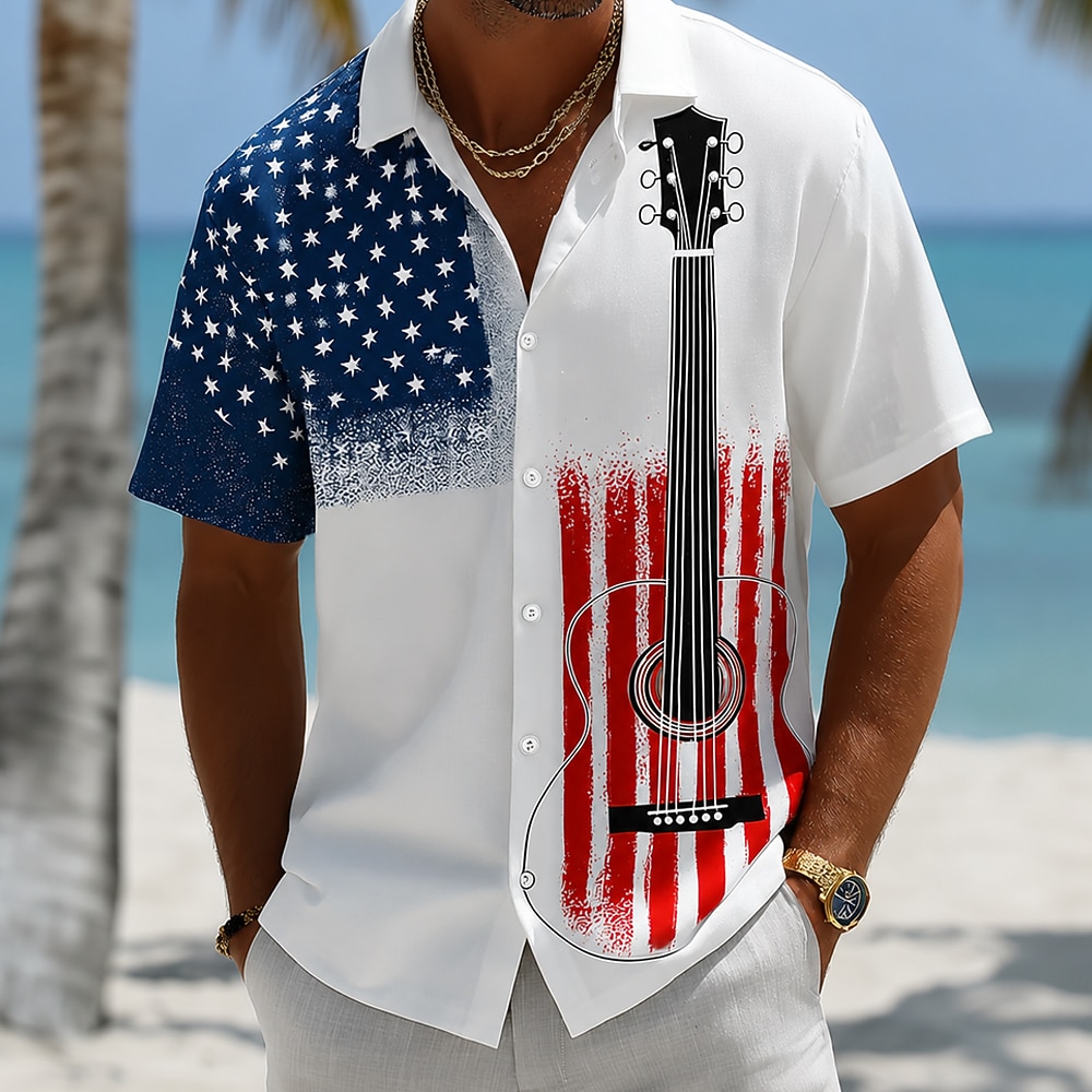 Men's 4th of July U.S. 250th Anniversary Guitar American Flag Shirt Summer Shirt Tropical Shirts Short Sleeve Patriotic Vacation Holiday Summer Spring Turndown 3D Print Button Up Shirts Blue Dark