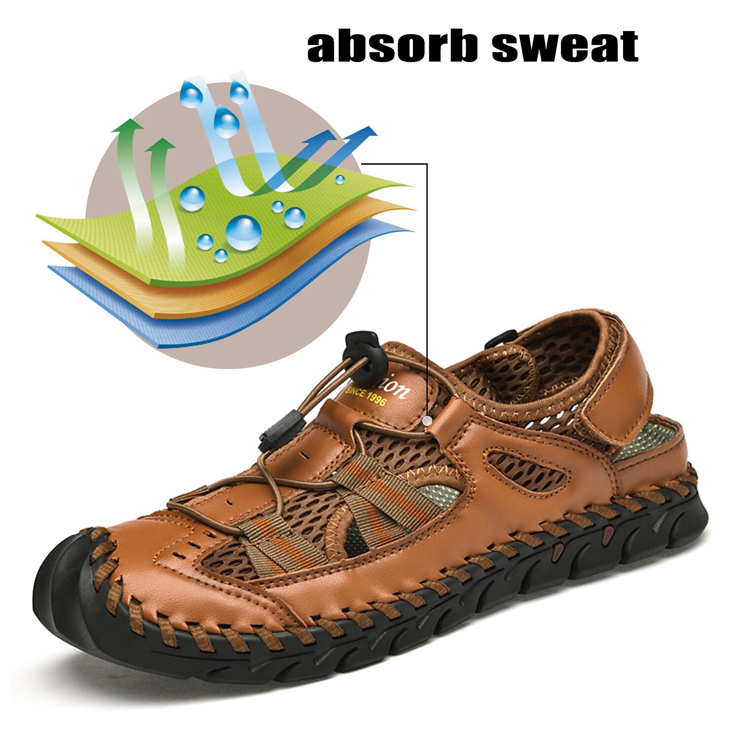Men's Leather Sandals Handmade Shoes Closed Toe Sandals Casual Beach Outdoor  Mesh Breathable Elastic Band Shoes Red-brown Black Green Summer