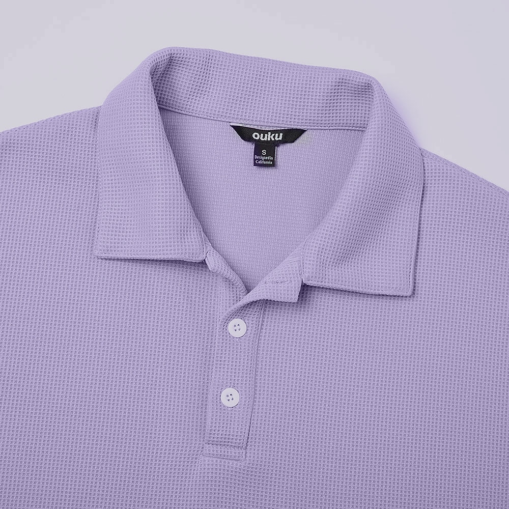 Men's Waffle Polo Shirts Textured Formal Business Ribbed Polo Collar Long Sleeve Fashion Solid Color Buttons Plain Fall Spring &  Fall Loose Fit Black Light Green Green Light Blue Purple Khaki Waffle