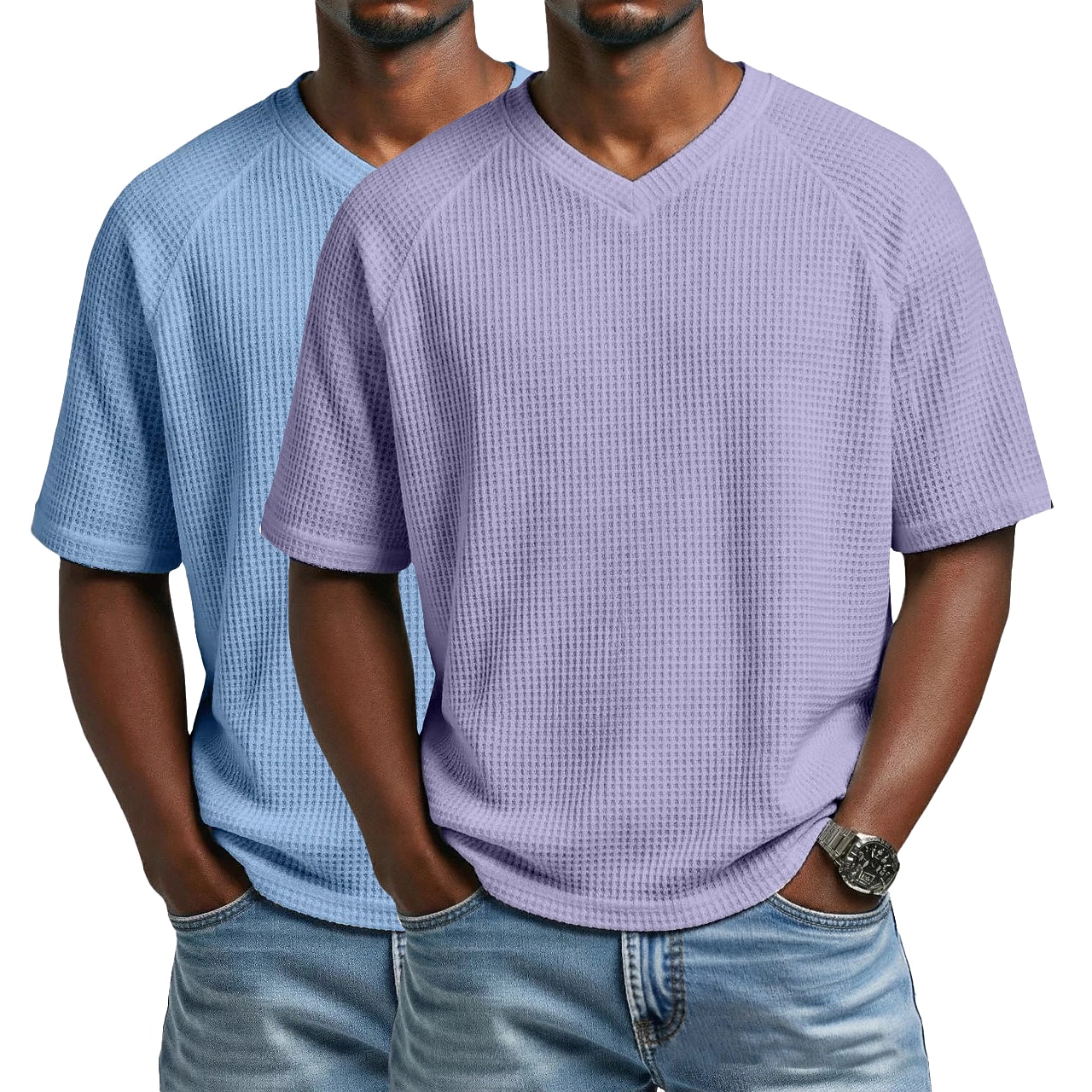 2PCS Men's Waffle T-shirt Tee Top Short Sleeve V Neck Summer Solid Color Textured Fashion Designer Casual 2 Piece Multi-pack Raglan Sleeves Casual Daily Outdoor White Black Top Tee for Men