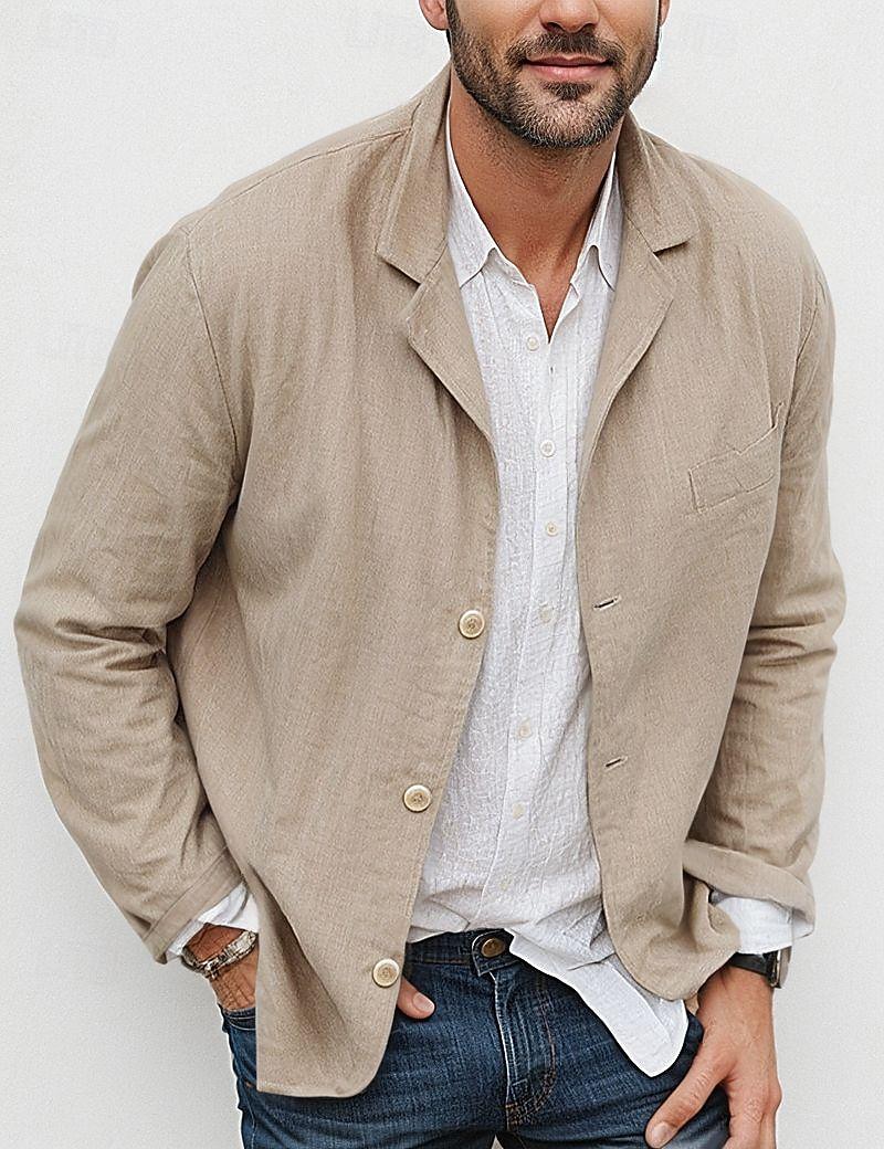 Men's Lightweight Jacket Blazer Jacket Linen Blazer Formal Office Autumn / Fall Cotton And Linen Solid Color Comfy Single Breasted Blazer Light Green Navy Blue Brown khaki
