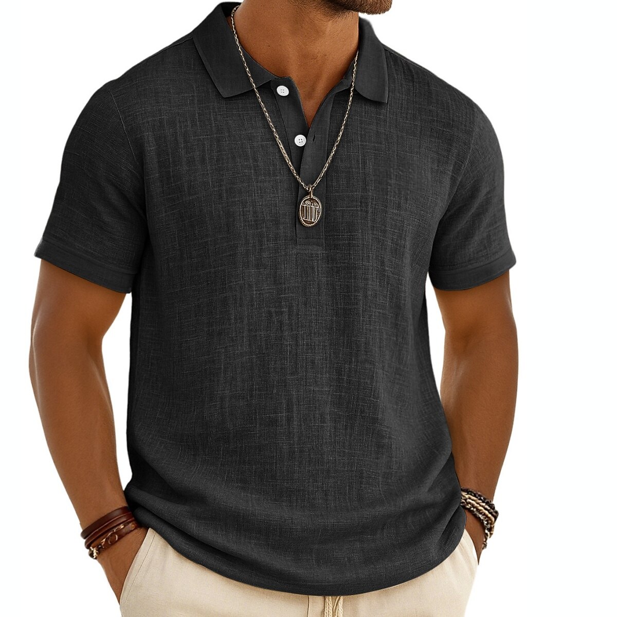 Men's Linen Shirt Polo Shirts Vacation Casual Classic Short Sleeve Fashion Solid Color Buttons Summer Spring Regular Fit Black White Light Green Gray Navy Blue Khaki Linen Shirt