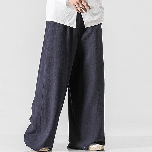 Men's Linen Pants Trousers Summer Pants Beach Pants Wide Leg Flowy Plain Comfort Breathable Full Length Casual Holiday Yoga Linen / Cotton Blend Fashion Streetwear Loose Fit Black Navy Blue