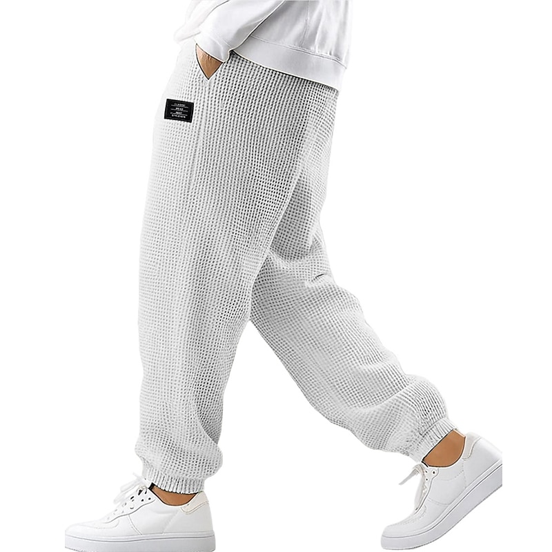 Men's Waffle Sweatpants Joggers Trousers Casual Pants Drawstring Elastic Cuff Solid Color Comfort Full Length Outdoor Daily Streetwear Fashion Chic & Modern Black White Stretchy