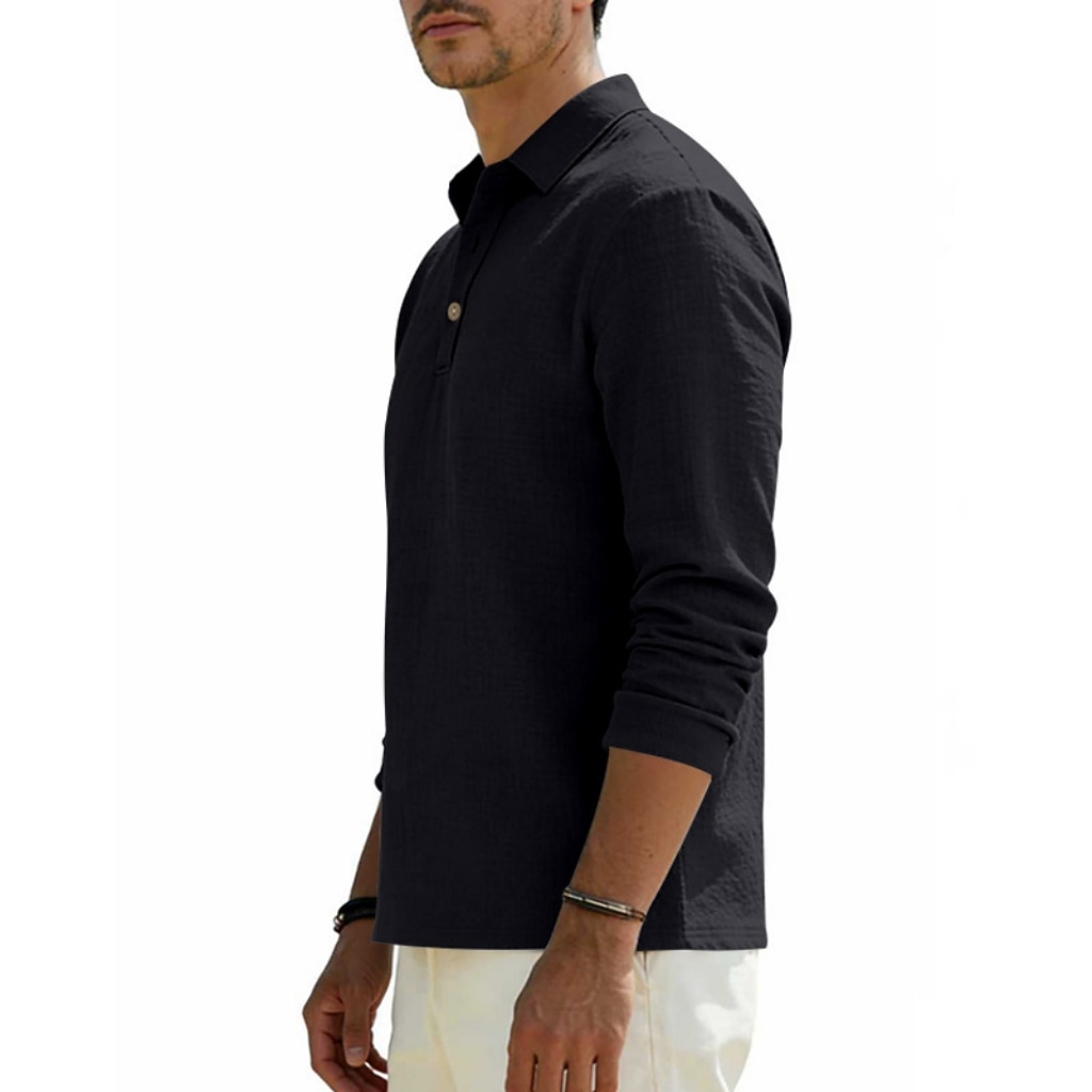Men's Linen Shirt Polo Shirts Casual Street Lapel Long Sleeve Basic Modern Plain Buttons Spring Fall Regular Fit Black White Navy Blue Khaki Dark Grey Army Green Linen Shirt