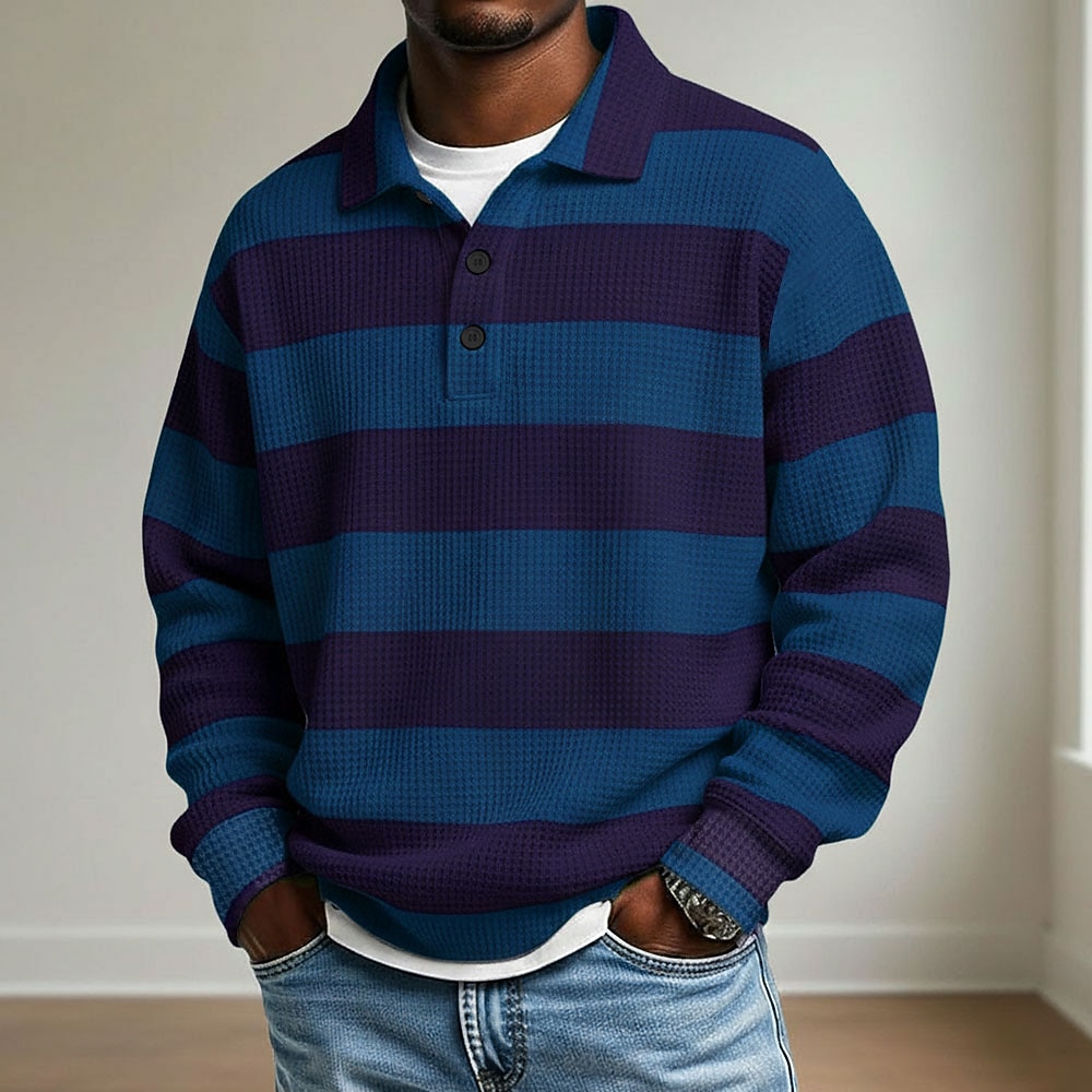 Men's Horizontal Stripes Waffle Polo Shirts Rugby Polo Long Sleeve Polo Shirts Collared Shirts Casual Athleisure Daily Wear Buttons Spring Fall Winter Blue Red Green
