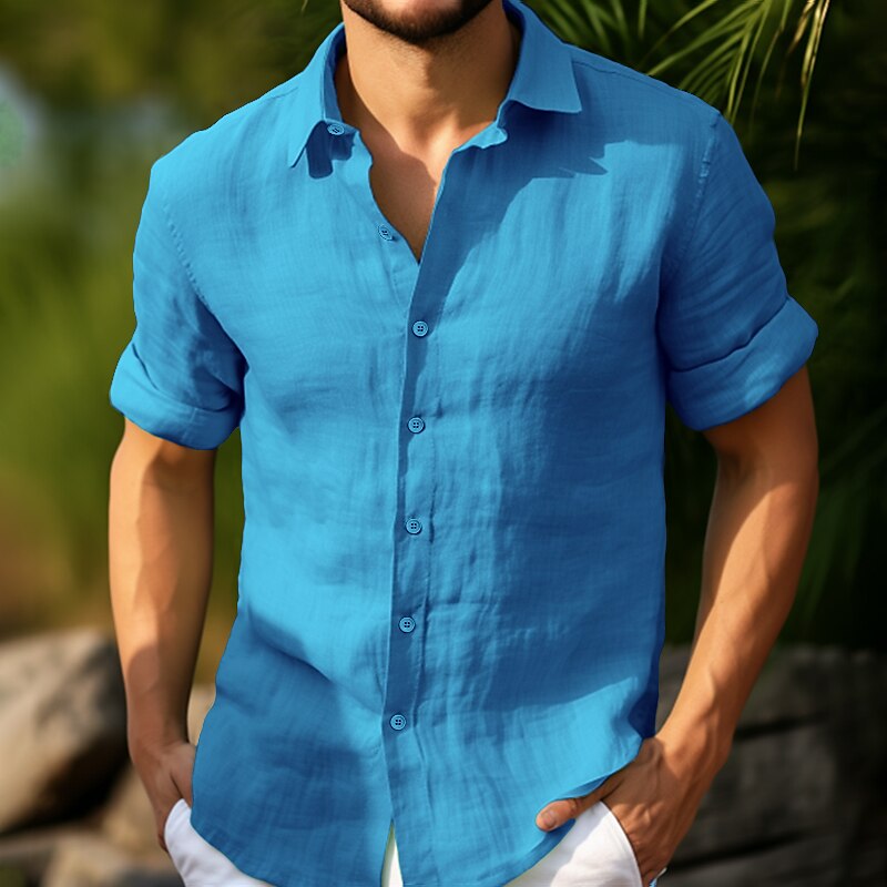 Men's Shirt Button Up Shirt Casual Shirt Yellow Pink Blue Sky Blue Purple Short Sleeves Plain Lapel Street Vacation Basic Clothing Apparel Fashion Leisure