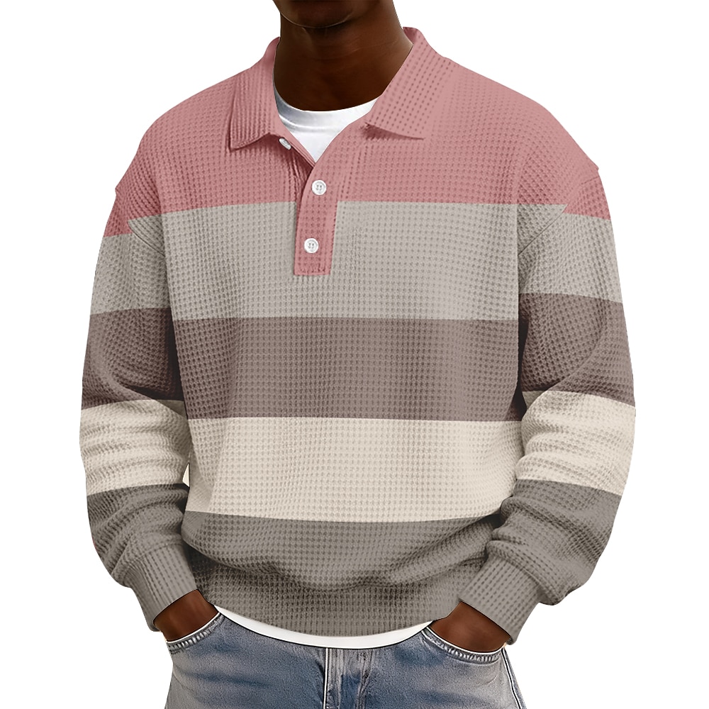 Men's Horizontal Stripes Waffle Polo Shirts Rugby Polo Long Sleeve Polo Shirts Lapel Sportswear Casual School Athleisure Daily Wear 3D Print Spring Fall Winter Blue Pink Brown