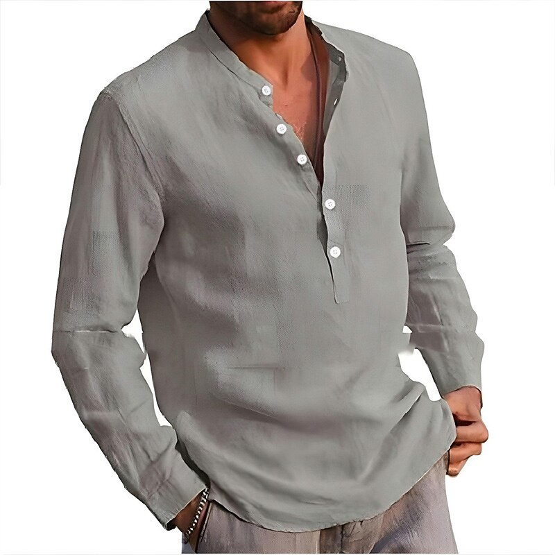 Men's Shirt Linen Shirt Band Collar Shirt Summer Shirt Beach Wear Solid Color Street Hawaiian Light Blue Wine Red Black White Long Sleeve Collar Summer Spring Clothing Apparel