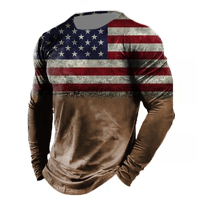 Men's T shirt Tee Distressed T Shirt Graphic Prints American Flag National Flag Crew Neck Khaki + Dark Grey Black White Black / Red Black / Brown 3D Print Outdoor Street Long Sleeve Print Clothing