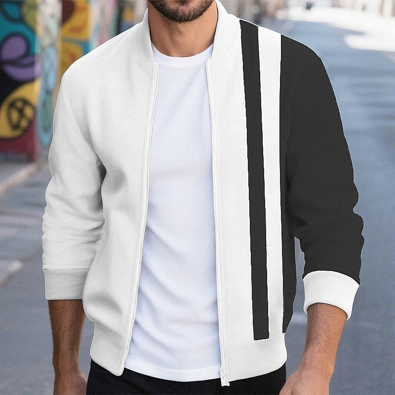 Men's Lightweight Jacket Casual Jacket Varsity Jacket Vacation Daily Patchwork Spring Fall Color Block Classic Casual Stand Collar Regular Black White Wine Navy Blue Khaki Jacket