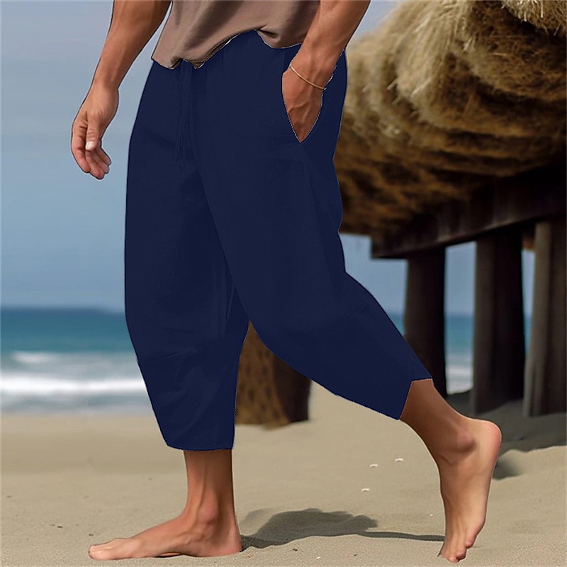 Men's Linen Pants Capri Pants Pocket Drawstring Elastic Waist Plain Comfort Breathable Calf-Length Vacation Daily Holiday Hawaiian Boho ArmyGreen Black