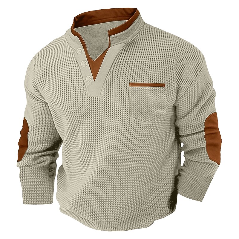 Men's Waffle Tee Waffle Henley Shirt Long Sleeve V Neck Spring &  Fall Solid Color Fashion Basic Fake two piece Street Casual Sports Black White Burgundy Top Tee for Men