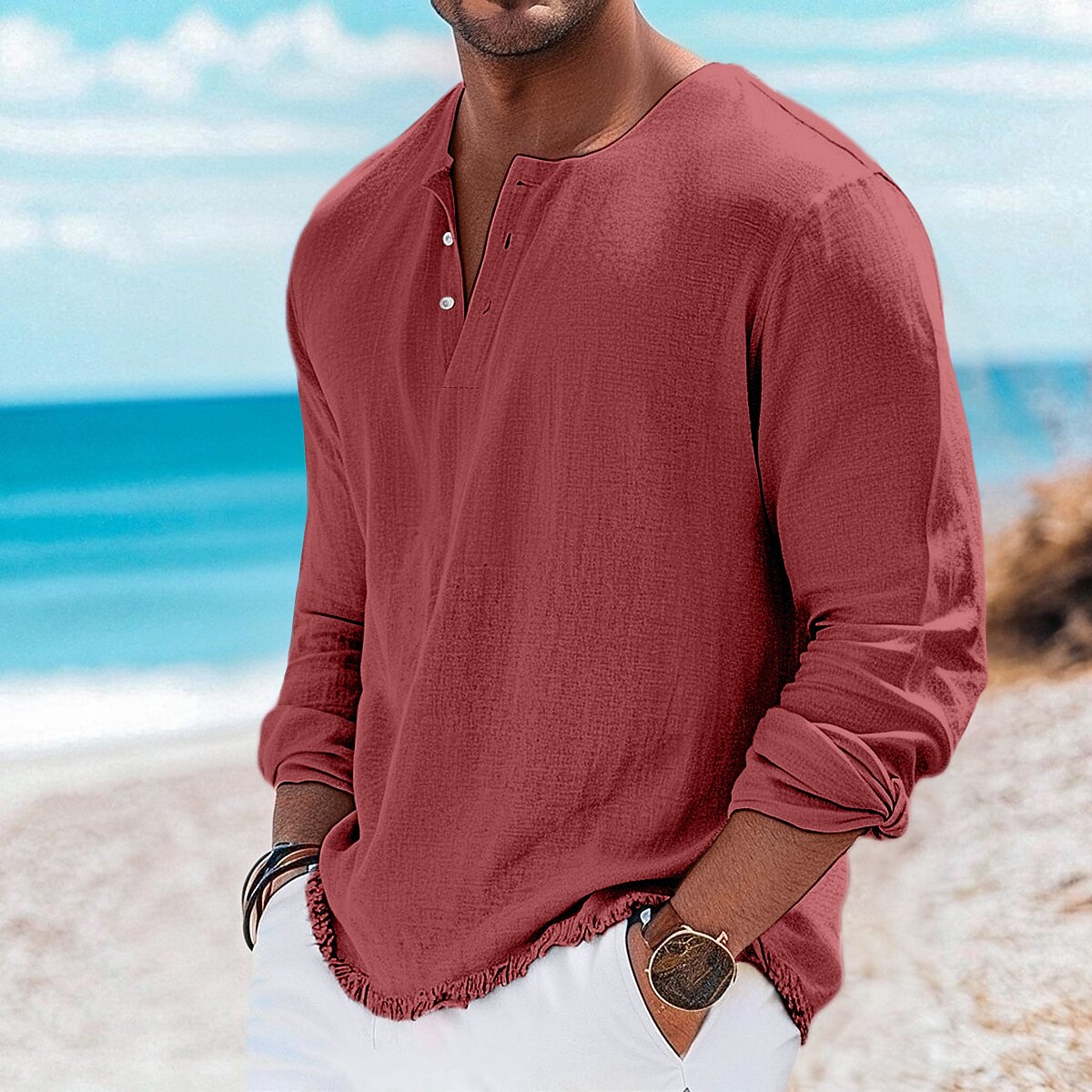 Men's Henley Shirt Tee Henley Top Linen T-Shirt Long Sleeve Solid Color Plain Solid Fashion Designer Casual Color Block Buttons Henley Outdoor Casual Daily Summer Spring All Seasons White Pink Light